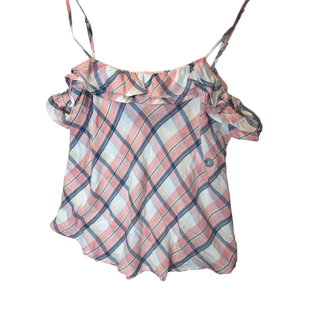 Hollister Women Pink Plaid Cold Shoulder Ruffle Top Small Coquette  Mean Girls